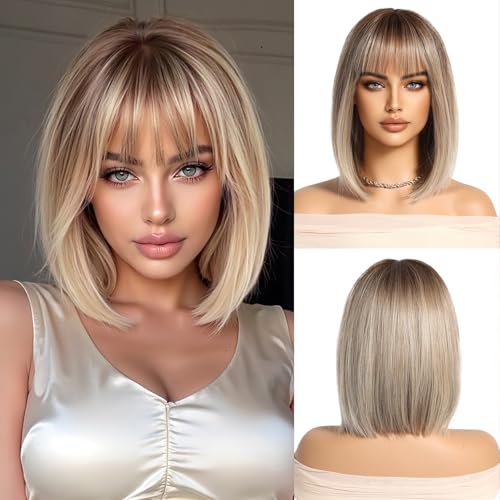 OUFEI Ombre Blonde Perücke Damen mit Pony Kurzer Bob Gerade Perücke Für Frauen Synthetisches Haar Perücken für Tägliche Party Cosplay Tragen von OUFEI