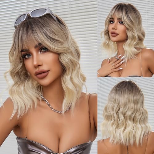 OUFEI Ombre Blonde Perücken für Frauen Kurz Gewellt Perücke mit Pony Natürliches Synthetisches Haar Hitzebeständig Perücken für Tägliche Party Cosplay Tragen von OUFEI