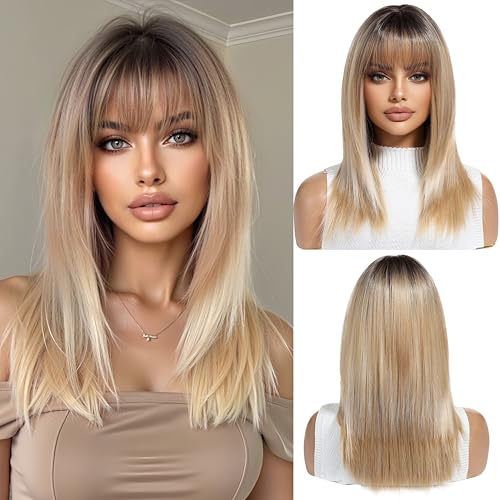 OUFEI Ombre Blonde Perücken für Frauen Mittellange Lange Gerade Perücke mit Pony Synthetisches Haar Hitzebeständige Perücken für Jeden Tag Party Cosplay Tragen von OUFEI