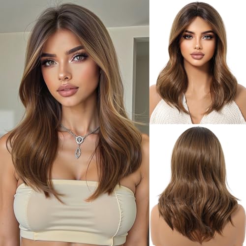 OUFEI Ombre Braune Perücke für Frauen mit Vorhang Pony Natürliches Gerades Lockiges Synthetisches Haare hitzebeständige Perücken für tägliche Party Cosplay Wear von OUFEI