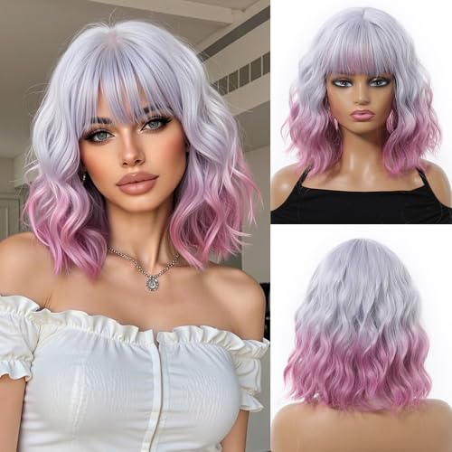 OUFEI Ombre Hell Lila Bob Perücken für Frauen Kurze gewellte Perücke mit Pony mit dunklen Wurzeln Natürliches Synthetisches Haar Hitzebeständige Perücken für jeden Tag Party Cosplay Wear von OUFEI