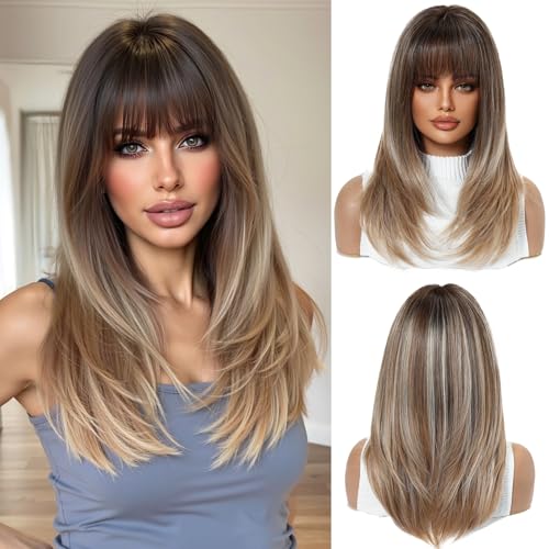 OUFEI Ombre Braun gemischt Blond Perücken für Frauen Übergroße Kopfhaut Mittellange Lange Gerade Perücke mit Pony Synthetisches Haar Hitzebeständige Perücken für jeden Tag Party Cosplay Wear von OUFEI