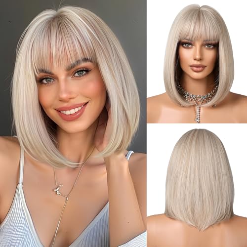 OUFEI Platinblond Bob Perücke mit Pony Kurz Gerade Perücke für Frauen Synthetisches Haar Perücken Cosplay Täglich Party Gebrauch von OUFEI