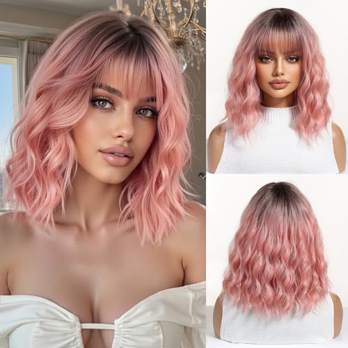 OUFEI Rosa Bob Perücken für Frauen kurze Gewellte Perücke mit Pony mit Dunklen Wurzeln Natürliche Synthetische Haare Hitzebeständige Perücken für Tägliche Party Cosplay Tragen von OUFEI