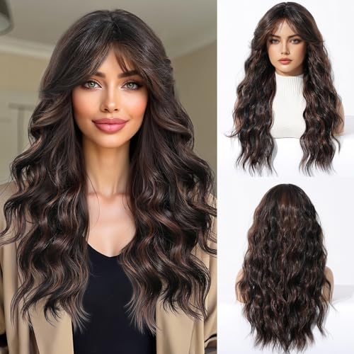 OUFEI Schwarz Braune Highlights Lange Gewellte Perücke für Frauen mit Vorhang Pony Natürlich Lockiges Synthetisches Haar Hitzebeständig Perücken für Tägliche Party Cosplay Tragen von OUFEI