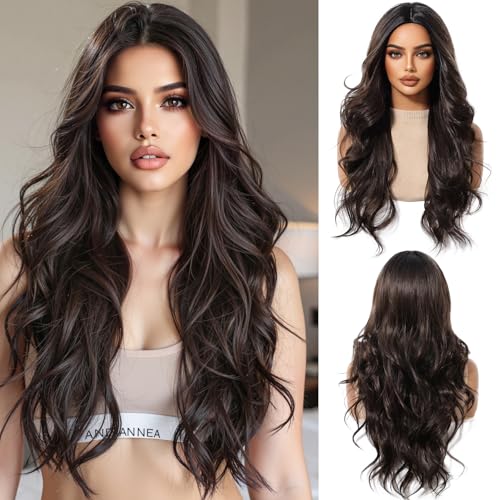 OUFEI Schwarz Ombre Dunkelbraun Perücken für Frauen Lange Lockige Perücke Synthetisches Haar Hitzebeständig Perücken für Tägliche Party Cosplay Tragen von OUFEI