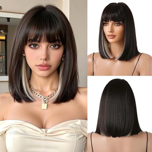 OUFEI Schwarze Interne Highlights Bob Perücke mit Pony Kurze gerade Perücke für Frauen Synthetisches Haar Perücken für tägliche Party Cosplay tragen von OUFEI