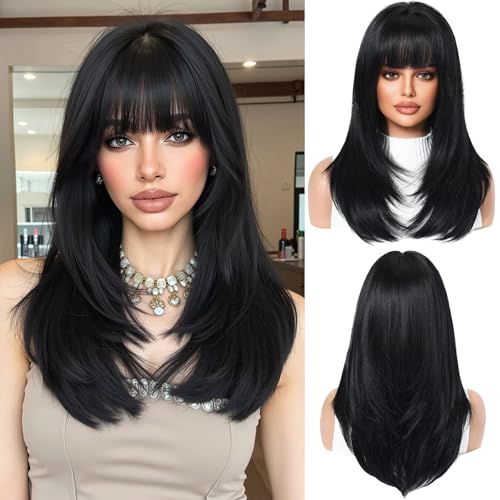 OUFEI Schwarze Perücken für Frauen Übergroße Kopfhaut Mittellange Lange Gerade Perücke mit Pony Synthetisches Haar Hitzebeständige Perücken für jeden Tag Party Cosplay Wear von OUFEI