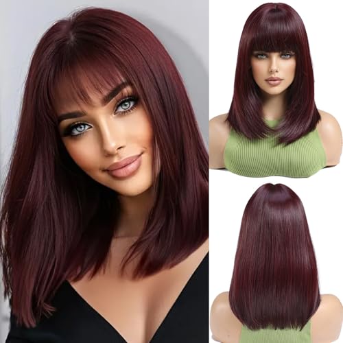 OUFEI Weinrot Perücke mit Pony Kurze gerade Bob Perücke für Frauen Synthetisches Haar Perücken für tägliche Party Cosplay tragen von OUFEI