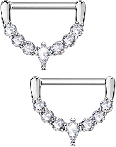 OUFER Body Piercing 14G Nipple Piercing Jewelry Bars Rings 14MM 316L Stainless Steel Shield Clicker Nipple Jewellery Barbell for Women 2pcs Set von OUFER Body Piercing