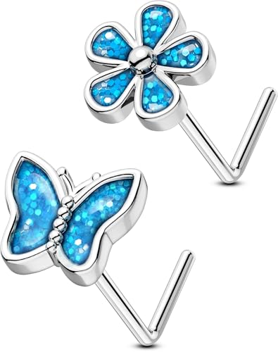 OUFER Body Piercing 2PCS Nose Rings Studs, 316L Surgical Steel 20G Nose Bars L-Shaped Butterfly Flower Nose Nostril Piercing Jewelry for Women Men Nasenpiercing von OUFER Body Piercing