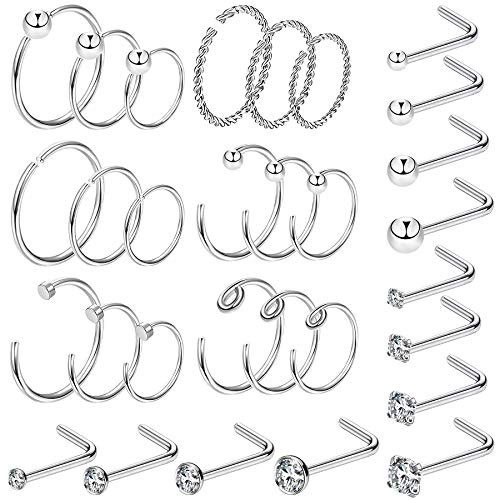 OUFER Body Piercing 30PCS 20G Nose Piercings 316L Stainless Steel L-Shaped Nose Stud C-Shape Nose Ring Hoop Lip Piercing Jewellery Set for Women Men von OUFER Body Piercing