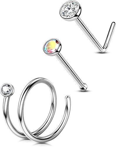 OUFER Body Piercing 3pcs Nose Ring Hoops Piercing Jewelry 316L Stainless Steel 20G L-Shaped Nose Bone Pin Stud Nostril Piercing Jewelry for Women Men von OUFER Body Piercing