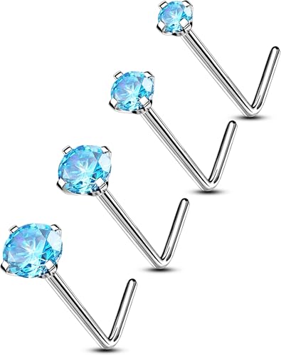 OUFER Body Piercing 4PCS 20G Nose Stud Piercing Titanium L Shaped Nose Bar Bone Pin Aquz CZ Nostril Piercing Jewellery for Women Men 7mm Nasenpiercing von OUFER Body Piercing