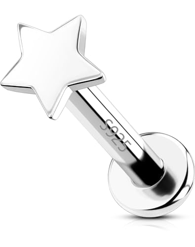 OUFER Body Piercing 925 Sterling Silver Helix Labret Earrings Studs 16G Flat Back Threadless Cartilage Star Lip Rings Ear Piercing Jewelry for Women Men von OUFER Body Piercing