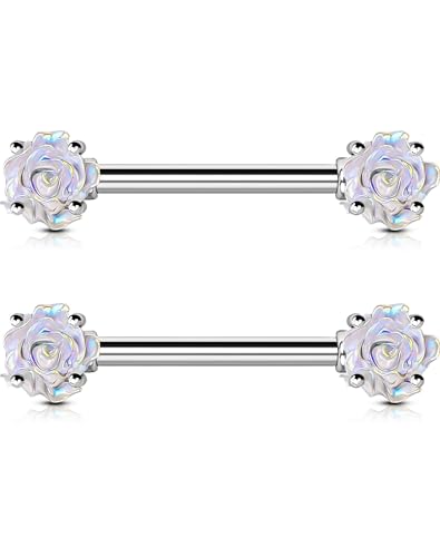 OUFER Body Piercing Nippelpiercing 2PCS 316L Stainless Steel Nipple Barbell Nipple Rings Flower Nipple Piercing Jewellery 14MM Nippelbar for Women von OUFER Body Piercing