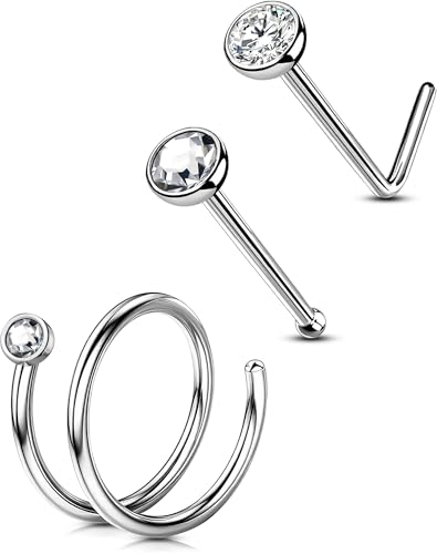 OUFER Body Piercing Titanium Nose Ring Hoop 3PCS Nostril Piercings 20G Nose Hoop L-Shaped Nose Studs Helix Labret Lip Piercing Jewellery for Women Men von OUFER Body Piercing
