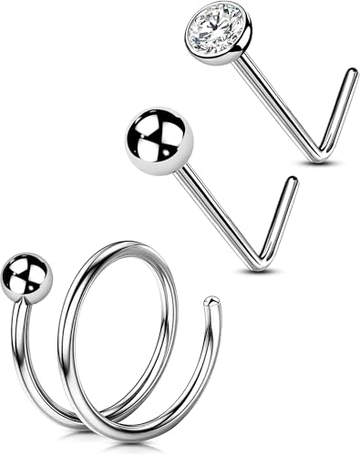OUFER Body Piercing Titanium Nose Ring Hoop 3PCS Nostril Piercings 20G Nose Hoop L-Shaped Nose Studs Helix Labret Lip Piercing Jewellery for Women Men von OUFER Body Piercing