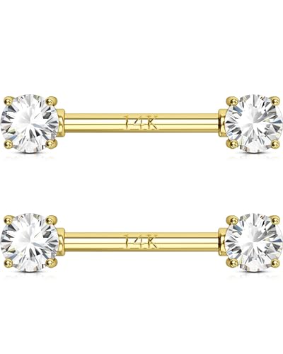 OUFER Nipple Bars 14K Solid Gold Nipple Rings Women 14G Nipple Piercings Jewellery Clear CZ Nipple Piercings Bars Nipple Barbell for Men Women von OUFER Body Piercing