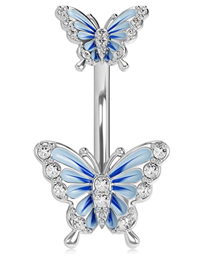 OUFER 14G Bauchnabelpiercing Chirurgenstahl Schmetterling 10mm Stablänge Piercing Bauchnabel Bananabells CZ Nabelpiercing Reverse Silber Blue Butterfly Belly Button Bar Navel Ring Frauen Männer von OUFER