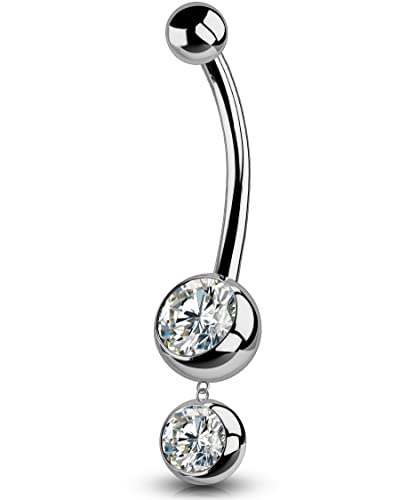 OUFER 14G Bauchnabelpiercing Ring Titan 14mm Stablänge Piercing Bauchnabel Lang Dangle CZ Kugeln Titanium Belly Button Piercing Navel Bars Silber Nabelring Frau Mann Schmuck von OUFER