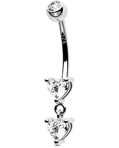 OUFER 14G Dangle Herz Bauchnabelpiercing Echt Silber 925 10mm Stablänge Piercing Bauchnabel Herz CZ Kugeln Belly Button Piercing Navel Bars Nabelring Frau Mann Schmuck von OUFER