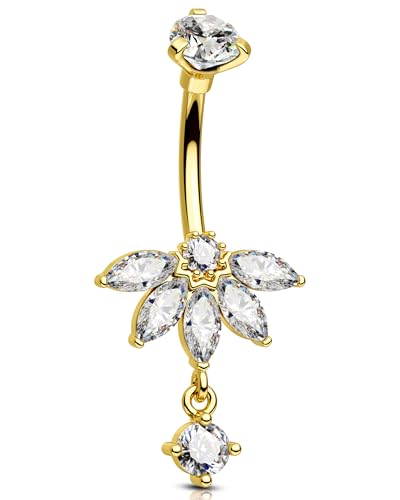 OUFER 14G Gold Anhänger Piercing Bauchnabel Edelstahl 316L Bauchnabelring Blume Transparente Marquise CZ Bauchnabelpiercing Schmuck Belly Button Bar für Damen 10 mm von OUFER