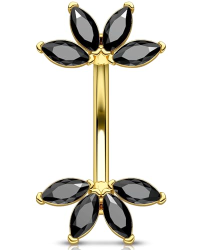 OUFER 14G Gold Bauchnabelpiercing Schmuck Edelstahl 316L Bauchnabelring Blume Schwarz Marquise CZ Piercing Bauchnabel Belly Button Ring für Damen 8 mm von OUFER