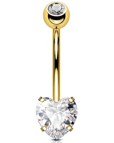 OUFER 14G Gold Herz Bauchnabelpiercing Innengewinde Chirurgenstahl 316L Klar CZ Bauchnabelring Bauchnabel Schmuck für Damen Lang Belly Button Bar Piercing 10 mm von OUFER