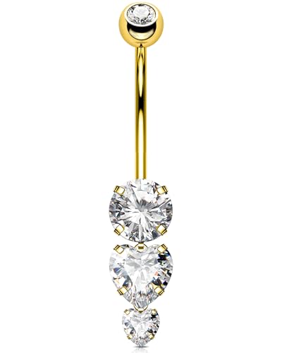 OUFER 14G Gold Kette Herz Piercing Bauchnabel Innengewinde Belly Button Piercing Chirurgenstahl 316L Rosa CZ Bauchnabelpiercing Körperpiercing für Frauen 12 mm von OUFER