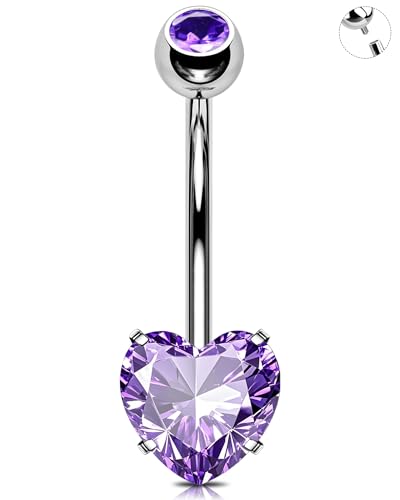 OUFER 14G Herz Belly Button Piercing Innengewinde Bauchnabelring Chirurgenstahl 316L Violett CZ Lang Bauchnabelpiercing 8 mm Körperpiercing für Frauen von OUFER