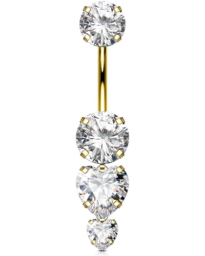 OUFER 14G Herz Gold Bauchnabelpiercing Mit Anhänger Innengewinde Edelstahl 316L Lang Belly Button Piercing Klar CZ Belly Ring für Frauen Bauchnabelring 12 mm von OUFER