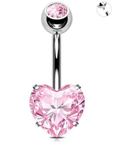 OUFER 14G Herz Piercing Bauchnabel Innengewinde Belly Button Piercing Chirurgenstahl 316L Rosa CZ Lang Bauchnabelpiercing Körperpiercing für Frauen 14 mm von OUFER