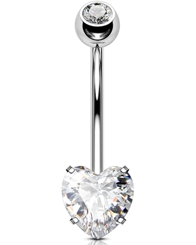 OUFER 14G Innengewinde Herz Bauchnabelpiercing Chirurgenstahl 316L Klar CZ Bauchnabelring Bauchnabel Schmuck für Damen Lang Belly Button Bar Piercing 12 mm von OUFER