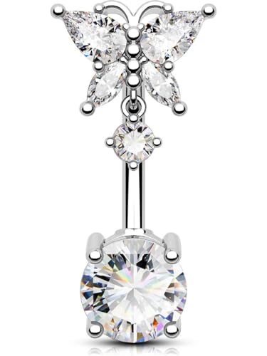 OUFER 14G Reverse Bauchnabelpiercing Schmetterling Bauchnabel Bars Bauchpiercing Schmuck Chirurgenstahl CZ Dangle Nabel Ringe 10 mm Silber Barbell für Frauen Geschenk von OUFER