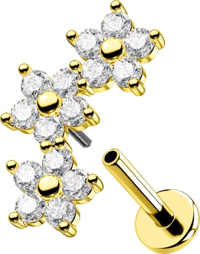 OUFER 16G Gold Conch Piercing Innengewinde Knorpel Ohrpiercing Blume Klar CZ Helix Earring Edelstahl 316L Conch Lobe für Frauen 6 mm Lip Stud von OUFER