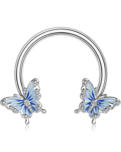 OUFER 16G Daith Piercing Schmuck Septum Clicker Ring 316L Chirurgenstahl Silber Blauer Schmetterling Hoop Helix Tragus Ohrpiercing Knorpel Ohrringe Körperschmuck 10mm Blue Butterfly Frauen von OUFER