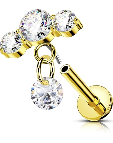 OUFER 16G Dangle Gold Threadless Earring Chirurgenstahl 316L Knorpel Ohrpiercing 6 mm Helix Piercing Klar CZ Conch Piercing Schmuck für Frauen Tragus Piercing von OUFER