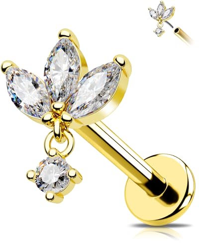 OUFER 16G Dangle Gold Threadless Earring Chirurgenstahl 316L Knorpel Ohrpiercing 8 mm Helix Piercing Klar CZ Conch Piercing Schmuck für Frauen Tragus Piercing von OUFER