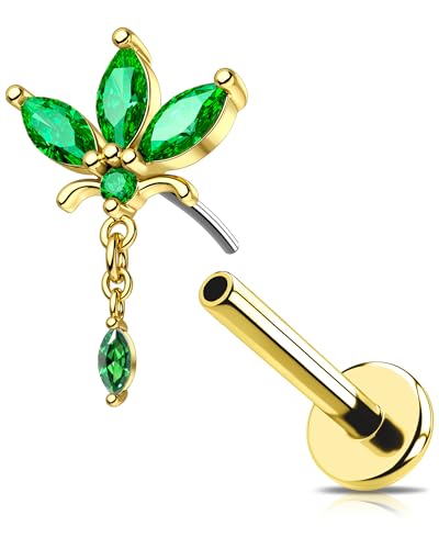 OUFER 16G Gold Blume Conch Piercing Threadless Earring Chirurgenstahl 316L Knorpel Ohrpiercing Grün Dangle Marquise CZ Helix Tragus Schmuck für Frauen 8 mm Lip Stud von OUFER