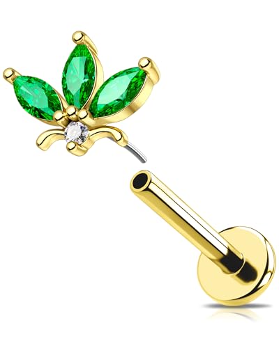 OUFER 16G Gold Blume Conch Piercing Threadless Earring Chirurgenstahl 316L Knorpel Ohrpiercing Grün Marquise CZ Helix Tragus Schmuck für Frauen 8 mm Lip Stud von OUFER