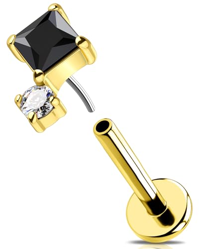OUFER 16G Gold Helix Earring Threadless Knorpel Ohrpiercing 316L-Chirurgenstahll Tragus Ring Quadratisch Schwarz CZ Labret Piercing für Damen 6 mm Lip Stud von OUFER