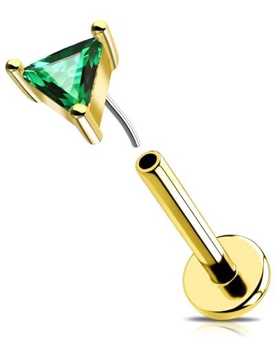 OUFER 16G Gold Helix Piercing Schmuck Threadless Push in Conch Earring Edelstahl 316L Grün Triangel CZ Knorpel Ohrpiercing Lip Stud für Frauen 6 mm von OUFER