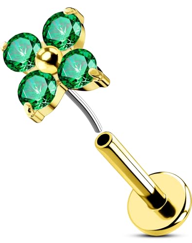 OUFER 16G Gold Helix Piercing Threadless Blume Knorpel Ohrpiercing Edelstahl 316L Tragus Earring Grüner CZ Lip Stud für Frauen 6 mm von OUFER