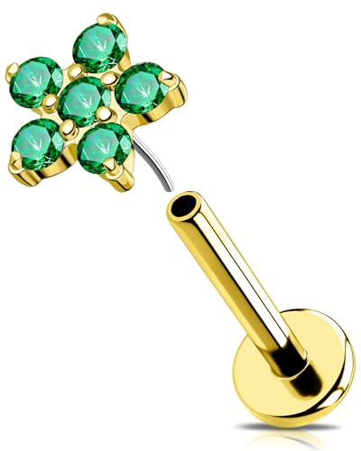 OUFER 16G Gold Knorpel Ohrpiercing Blume Helix Piercing Threadless Push in Tragus Ring Edelstahl 316L Conch Earring Grüner CZ Lip Stud für Damen 8 mm von OUFER