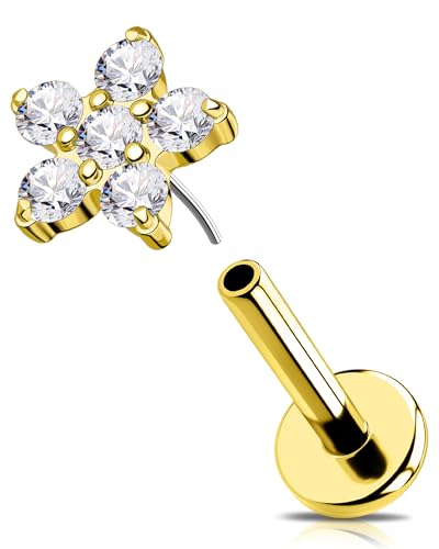 OUFER 16G Gold Knorpel Ohrpiercing Blume Helix Piercing Threadless Push in Tragus Ring Edelstahl 316L Conch Earring Klar CZ Lip Stud für Damen 6 mm von OUFER