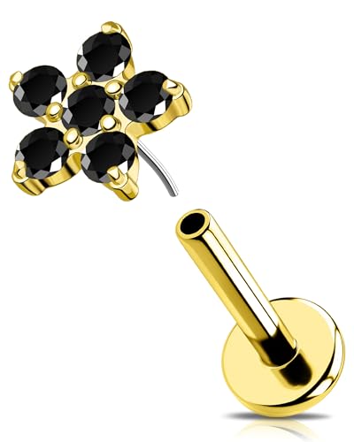 OUFER 16G Gold Knorpel Ohrpiercing Blume Helix Piercing Threadless Push in Tragus Ring Edelstahl 316L Conch Earring Schwarz CZ Lip Stud für Damen 6 mm von OUFER