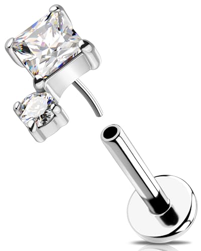 OUFER 16G Helix Earring Threadless Knorpel Ohrpiercing 316L-Chirurgenstahll Tragus Ring Quadratisch Klar CZ Labret Piercing für Damen 8 mm Lip Stud von OUFER
