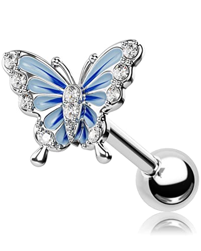 OUFER 16G Piercing Helix Ohrring Chirurgenstahl Conch Piercing Ring Ohr Tragus Stud Blauer Schmetterling Ohrringe Silber Blue Butterfly Ohrpiercing Knorpel Frauen Schmuck Unisex von OUFER