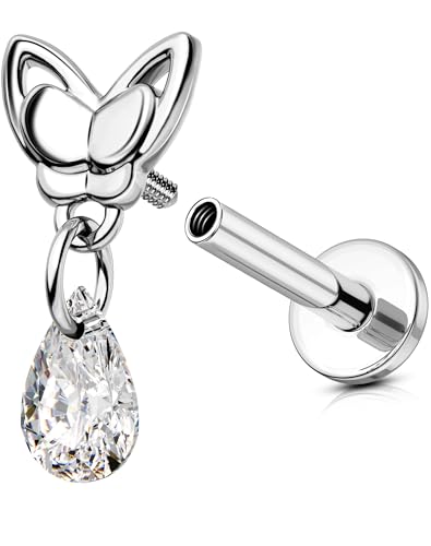 OUFER 16G Schmetterling Helix Piercing Innengewinde Knorpel Ohrpiercing Edelstahl 316L Tragus Earring Klar Tränenförmige Gestalt CZ Lip Stud für Frauen 6 mm von OUFER